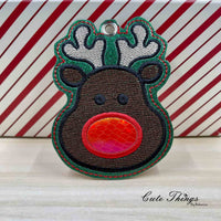 Red Nose Deer Applique DIGITAL Embroidery File, In The Hoop Bookmark, Ornament, Gift Bag Tag, Eyelet