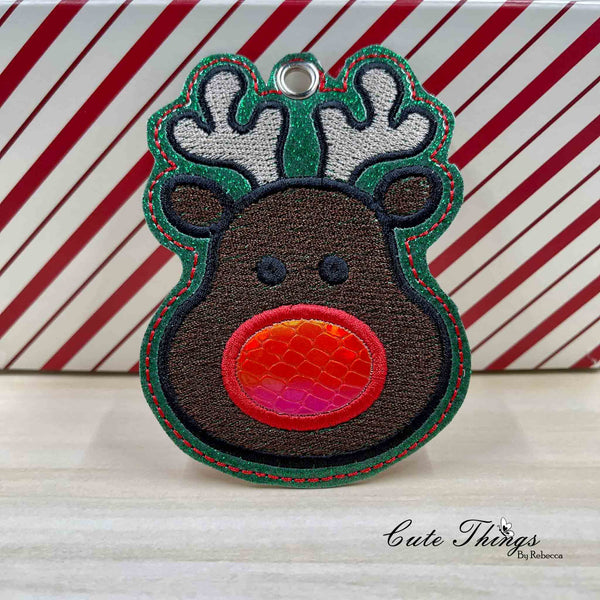 Red Nose Deer Applique DIGITAL Embroidery File, In The Hoop Bookmark, Ornament, Gift Bag Tag, Eyelet