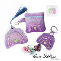 Valentine BoHo Rainbow Bundle DIGITAL Embroidery File, In The Hoop, 4x4bag, Bookmark, Snap tab, and three charms