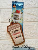 Latte Kisses Coffee Cup Applique  DIGITAL Embroidery File, In The Hoop Bookmark, Ornament, Gift Bag Tag, Eyelet