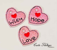 Heart set of Three Charms, Zipper Pulls, DIGITAL Embroidery File, In The Hoop, Keychain, Bag Tag, Eyelet