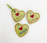 Heart set of Three Charms, Zipper Pulls, DIGITAL Embroidery File, In The Hoop, Keychain, Bag Tag, Eyelet