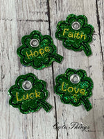 Set of 4 Clover Charms, Zipper Pulls, DIGITAL Embroidery File, In The Hoop, Keychain, Bag Tag, Eyelet