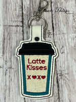 Latte Kisses Coffee Cup Applique DIGITAL Embroidery File, In The Hoop Key fob, Snap tab, Keychain, Bag Tag