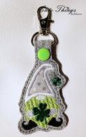 St. Patrick's Clover Gnome Applique DIGITAL Embroidery File, In The Hoop Key fob, Snap tab, Keychain, Bag Tag