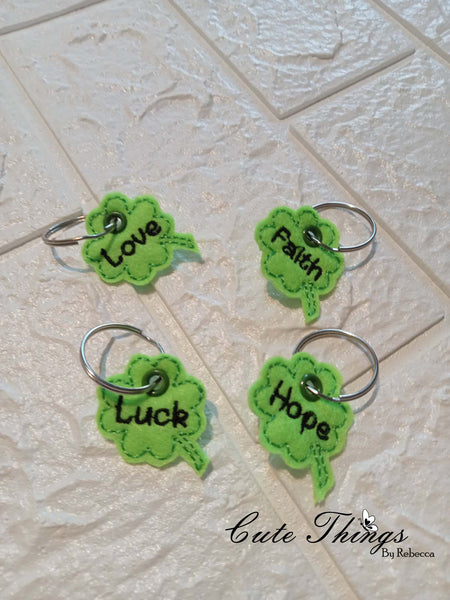 Set of 4 Clover Charms, Zipper Pulls, DIGITAL Embroidery File, In The Hoop, Keychain, Bag Tag, Eyelet