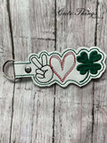 Peace, Love, Clover DIGITAL Embroidery File, In The Hoop Key fob, Snap tab, Keychain, Bag Tag