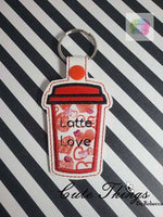 Latte Love Coffee Cup Applique DIGITAL Embroidery File, In The Hoop Key fob, Snap tab, Keychain, Bag Tag