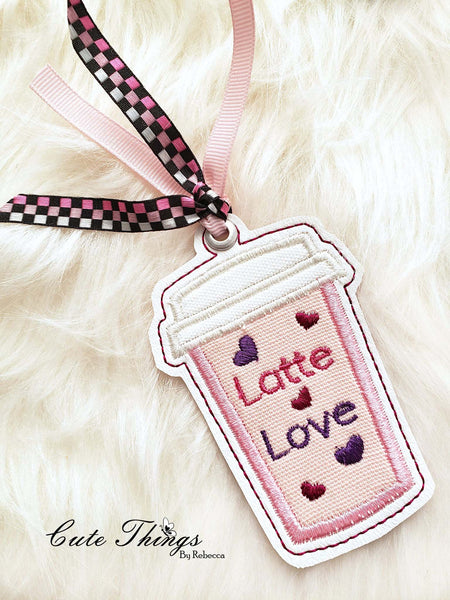 Latte Love Coffee Cup Applique DIGITAL Embroidery File, In The Hoop Bookmark, Ornament, Gift Bag Tag, Eyelet