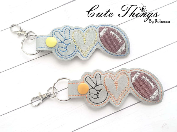 Peace, Love, Football DIGITAL Embroidery File, In The Hoop Key fob, Snap tab, Keychain, Bag Tag
