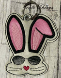 Cool Bunny with Sunglasses Applique Ears DIGITAL Embroidery File, In The Hoop Bookmark, Ornament, Gift Bag Tag, Eyelet