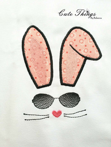 Cool Bunny with Sunglasses Applique Ears DIGITAL Embroidery File, In the hoop,  4x4, 5x7, 6x10, 7x12,