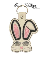 Cool Bunny with Sunglasses Applique Ears DIGITAL Embroidery File, In The Hoop Key fob, Snap tab, Keychain, Bag Tag