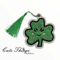 Cute Happy Shamrock Applique DIGITAL Embroidery File, In The Hoop Bookmark, Ornament, Gift Bag Tag, Eyelet