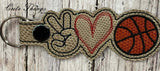 Peace Love Basketball DIGITAL Embroidery File, In The Hoop Key fob, Snap tab, Keychain, Bag Tag