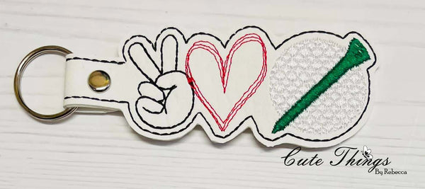 Peace Love Golf DIGITAL Embroidery File, In The Hoop Key fob, Snap tab, Keychain, Bag Tag