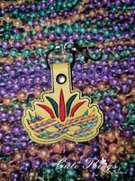 Mardi Gras Mask DIGITAL Embroidery File, In The Hoop Key fob, Snap tab, Keychain, Bag Tag