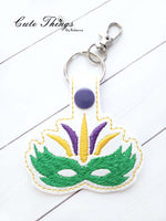 Mardi Gras Mask DIGITAL Embroidery File, In The Hoop Key fob, Snap tab, Keychain, Bag Tag