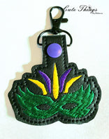 Mardi Gras Mask DIGITAL Embroidery File, In The Hoop Key fob, Snap tab, Keychain, Bag Tag