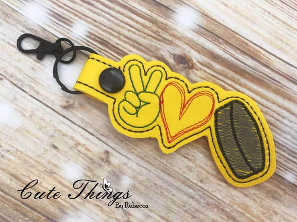 Peace Love Hockey DIGITAL Embroidery File, In The Hoop Key fob, Snap tab, Keychain, Bag Tag