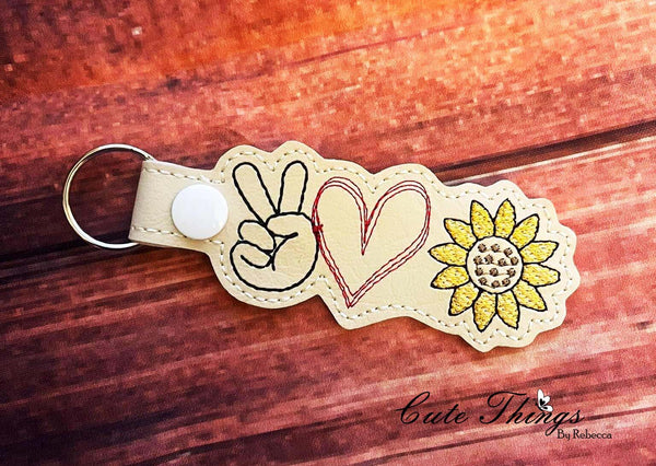Peace Love Sunflower DIGITAL Embroidery File, In The Hoop Key fob, Snap tab, Keychain, Bag Tag
