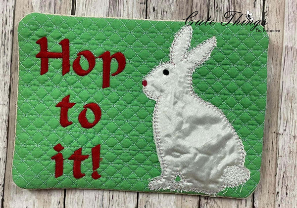 Hop to it  Applique Mug Rug, Snack Mat Applique DIGITAL Embroidery File 5x7, 6x10