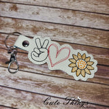 Peace Love Sunflower DIGITAL Embroidery File, In The Hoop Key fob, Snap tab, Keychain, Bag Tag