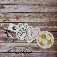 Peace Love Soccer DIGITAL Embroidery File, In The Hoop Key fob, Snap tab, Keychain, Bag Tag