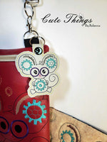 Cute Steampunk Mouse DIGITAL Embroidery File, In The Hoop Key fob, Snap tab, Keychain, Bag Tag