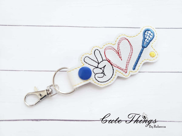 Peace Love Lacrosse DIGITAL Embroidery File, In The Hoop Key fob, Snap tab, Keychain, Bag Tag