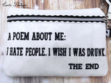 A Poem about me Bag  DIGITAL Embroidery File, In The Hoop, Zipper Bag