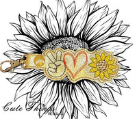 Peace Love Sunflower DIGITAL Embroidery File, In The Hoop Key fob, Snap tab, Keychain, Bag Tag