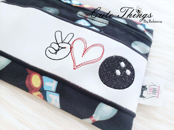 Peace Love Bowling Applique Bag DIGITAL Embroidery File, In The Hoop, two sizes available  5x7, 6x10 money purse, makeup bag, personals bag.