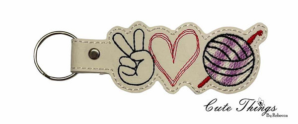 Peace Love Crochet DIGITAL Embroidery File, In The Hoop Key fob, Snap tab, Keychain, Bag Tag