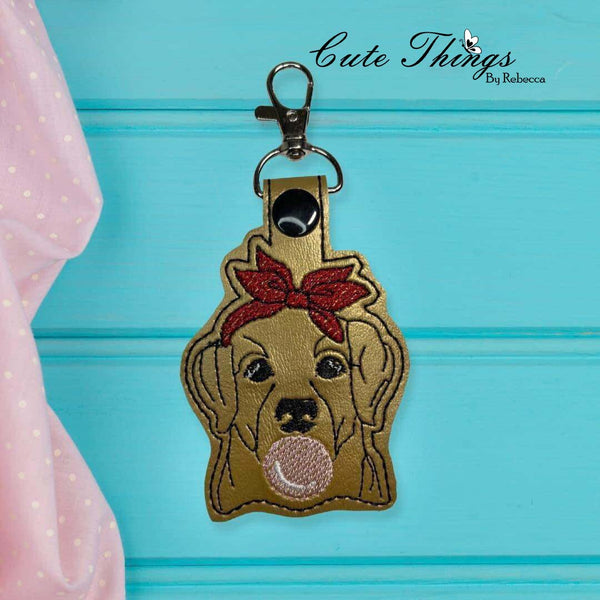 Bubblegum Dog DIGITAL Embroidery File, In The Hoop Key fob, Snap tab, Keychain, Bag Tag