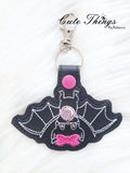 Bubblegum Bat Applique DIGITAL Embroidery File, In The Hoop Key fob, Snap tab, Keychain, Bag Tag