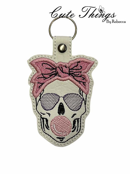 Bubblegum Skull Applique DIGITAL Embroidery File, In The Hoop Key fob, Snap tab, Keychain, Bag Tag
