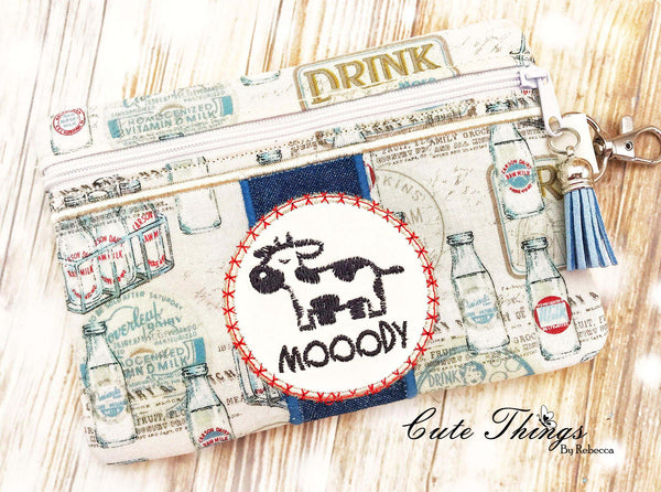 Mooody Cow Center Circle Applique Bag DIGITAL Embroidery File, In The Hoop, two sizes available  5x7, 6x10 money purse, makeup bag, personals bag.