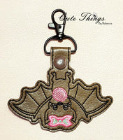 Bubblegum Bat Applique DIGITAL Embroidery File, In The Hoop Key fob, Snap tab, Keychain, Bag Tag