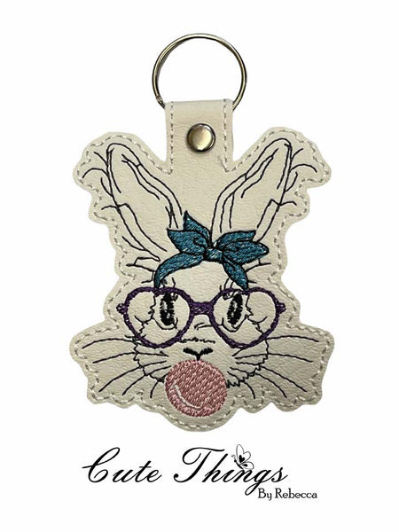 Bubblegum Bunny  DIGITAL Embroidery File, In the hoop, Key fob, Snap tab, Keychain, Bag Tag