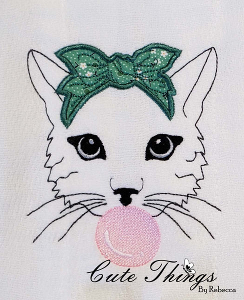 Bubblegum Cat Applique DIGITAL Embroidery File, 4x4, 5x7, 6x10, 7x12,