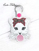 Bubblegum Cat Applique DIGITAL Embroidery File, In The Hoop Key fob, Snap tab, Keychain, Bag Tag