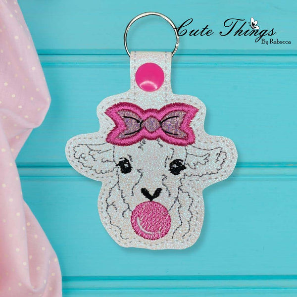 Bubblegum Lamb DIGITAL Embroidery File, In The Hoop Key fob, Snap tab, Keychain, Bag Tag