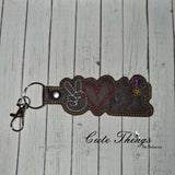 Peace Love Sewing DIGITAL Embroidery File, In The Hoop Key fob, Snap tab, Keychain, Bag Tag