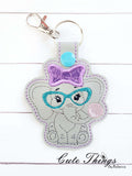 Bubblegum Elephant Applique Bow DIGITAL Embroidery File, In The Hoop Key fob, Snap tab, Keychain, Bag Tag