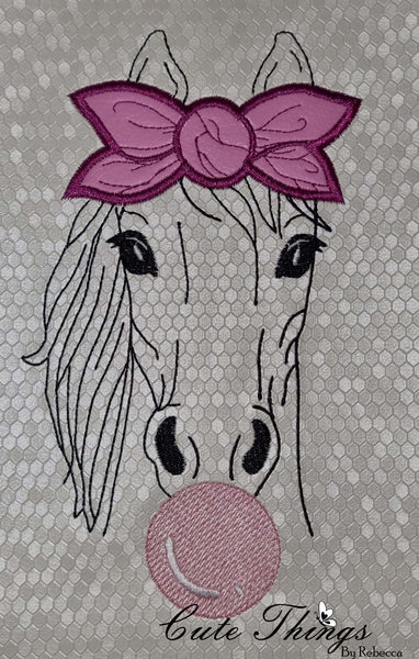 Bubblegum Horse Applique Bow DIGITAL Embroidery File, 4x4, 5x7, 6x10, 7x12,