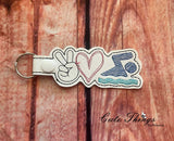 Peace Love Swimming DIGITAL Embroidery File, In The Hoop Key fob, Snap tab, Keychain, Bag Tag