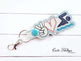 Peace Love Swimming DIGITAL Embroidery File, In The Hoop Key fob, Snap tab, Keychain, Bag Tag