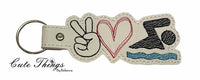 Peace Love Swimming DIGITAL Embroidery File, In The Hoop Key fob, Snap tab, Keychain, Bag Tag