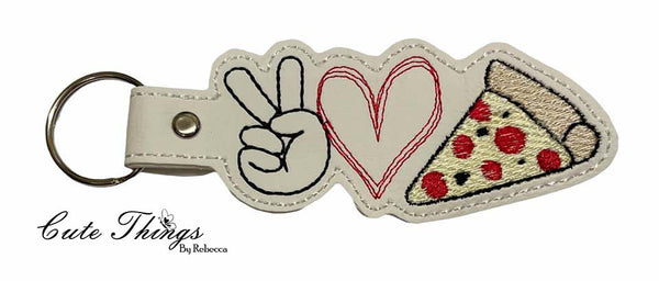 Peace Love Pizza DIGITAL Embroidery File, In The Hoop Key fob, Snap tab, Keychain, Bag Tag